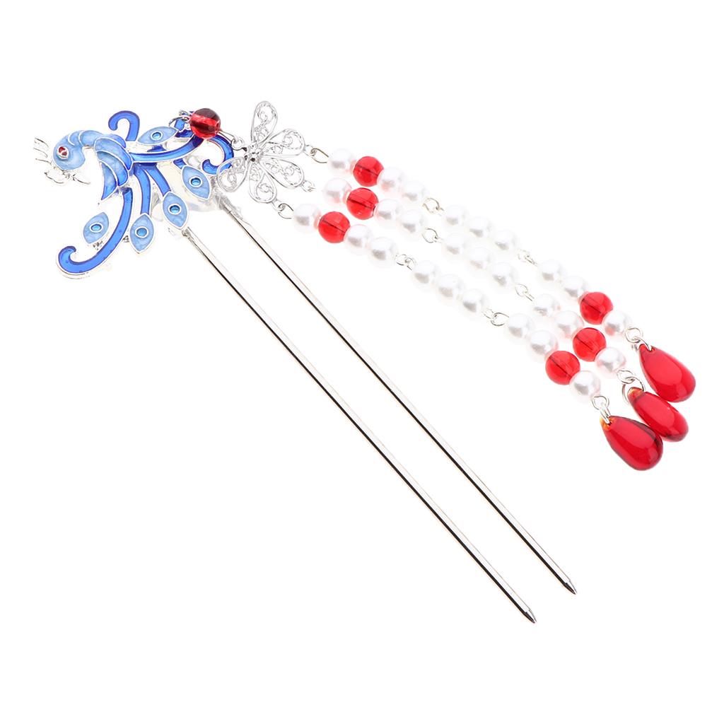 Chinese Style Beads Long Tassels Hair Stick Silver Metal Hair Chopstick 02