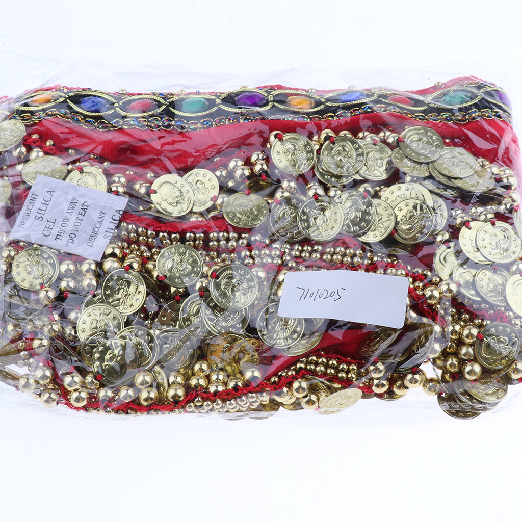 Velvet Dangling Gold Coins Belly Dancing Hip Skirt Scarf Wrap Belt Red