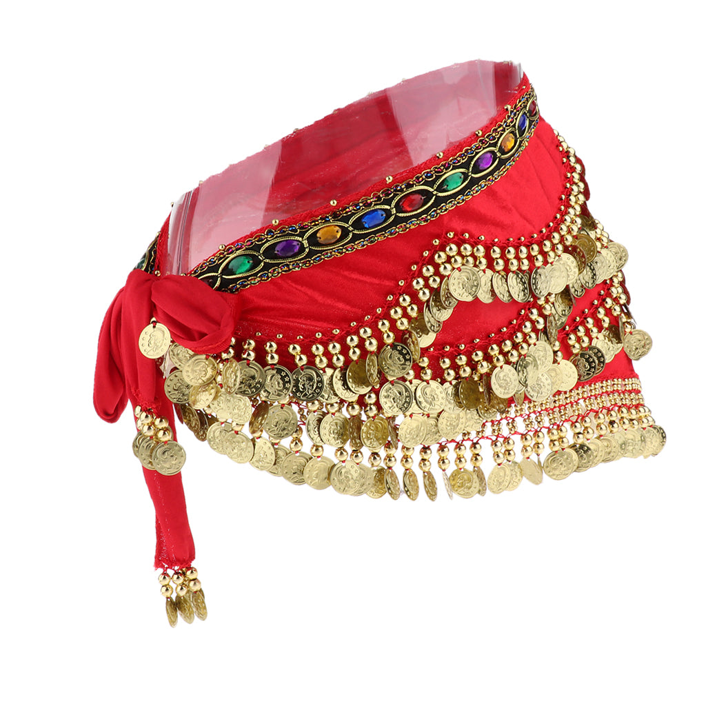 Velvet Dangling Gold Coins Belly Dancing Hip Skirt Scarf Wrap Belt Red