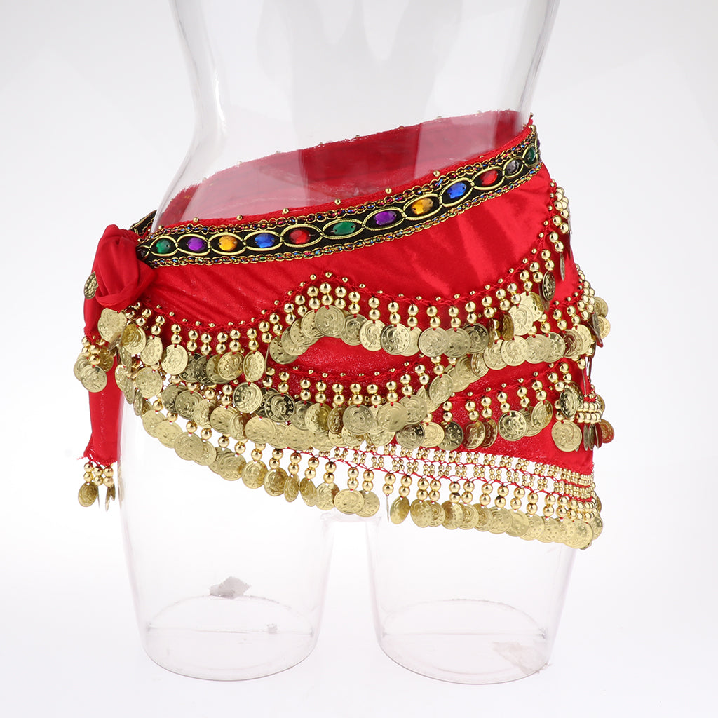 Velvet Dangling Gold Coins Belly Dancing Hip Skirt Scarf Wrap Belt Red