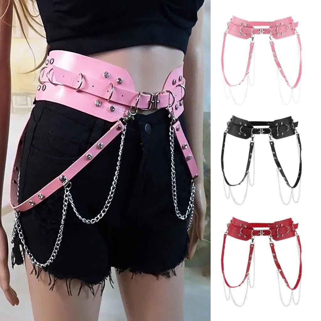 Women's Punk Waist Belt Leather Harness Adjustable Wide Waistband Black