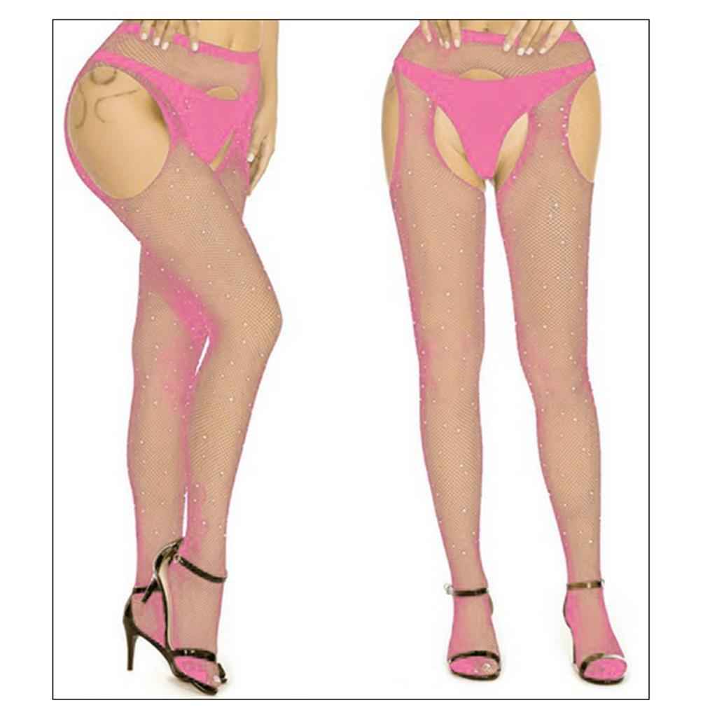 Women Crystal Rhinestone Fishnet Net Mesh Stockings Tights Pantyhose Pink