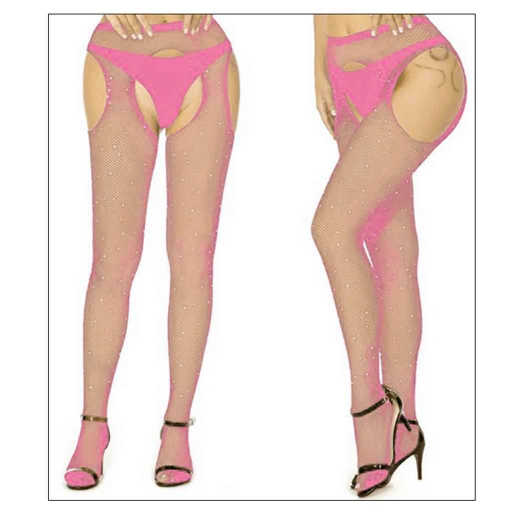 Women Crystal Rhinestone Fishnet Net Mesh Stockings Tights Pantyhose Pink