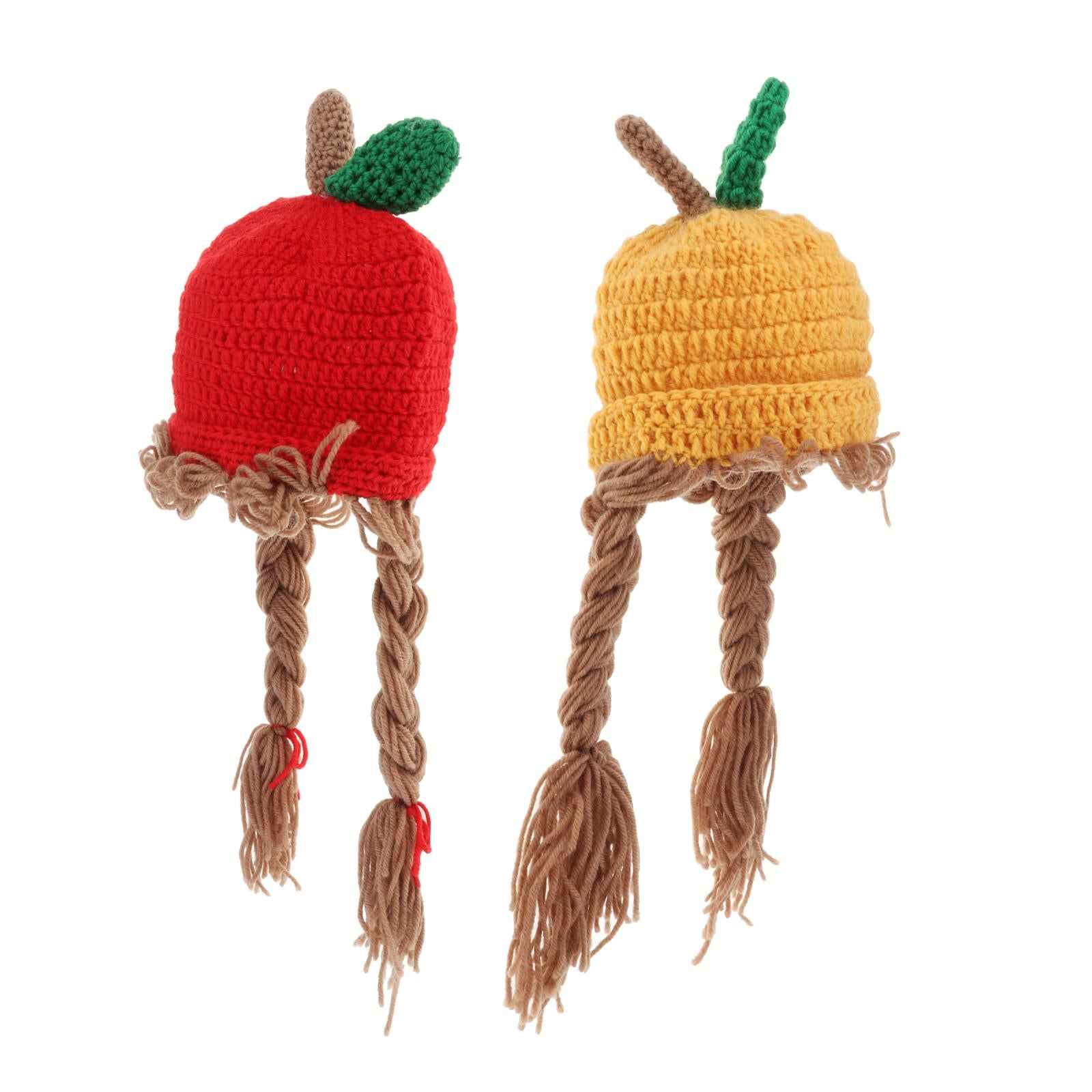 48cm Kids Knitted Wig Hat with 2 Big Braid Girls Cute Winter Cap Apple Shape red