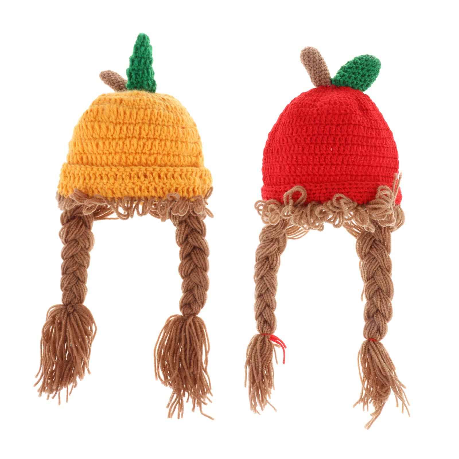 48cm Kids Knitted Wig Hat with 2 Big Braid Girls Cute Winter Cap Apple Shape red