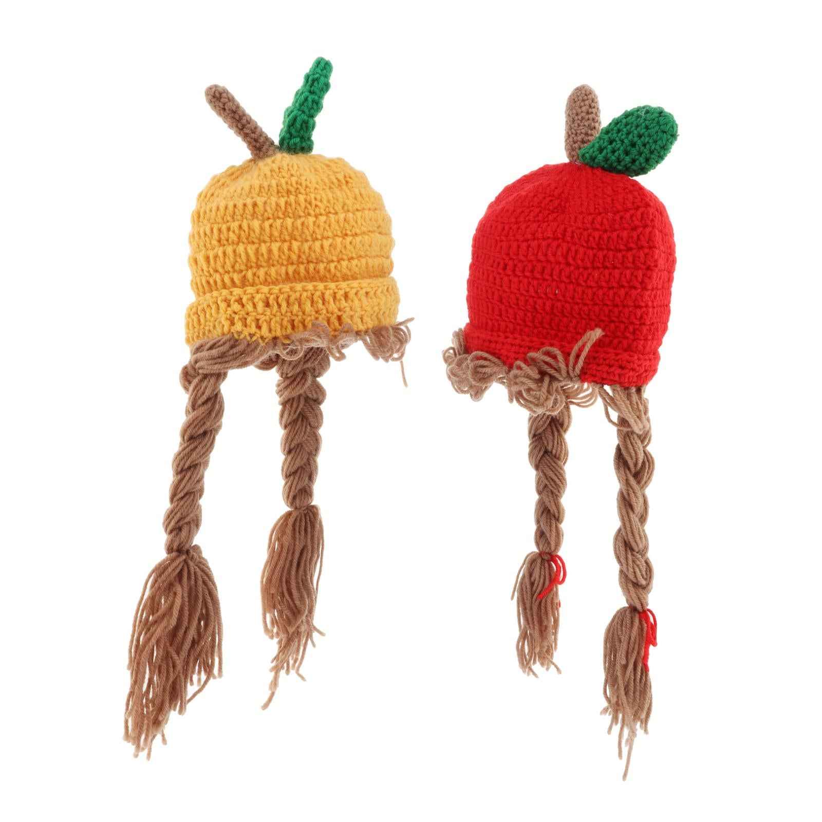 48cm Kids Knitted Wig Hat with 2 Big Braid Girls Cute Winter Cap Apple Shape red