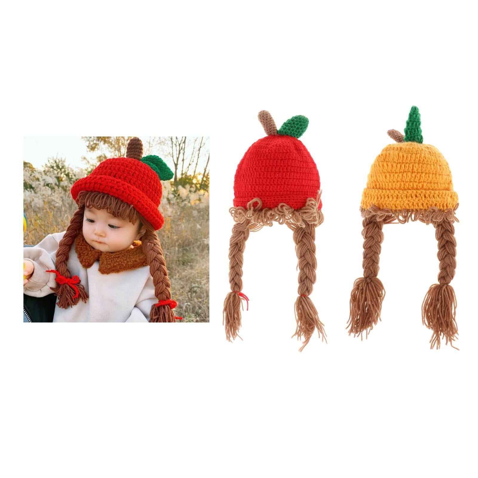 48cm Kids Knitted Wig Hat with 2 Big Braid Girls Cute Winter Cap Apple Shape red