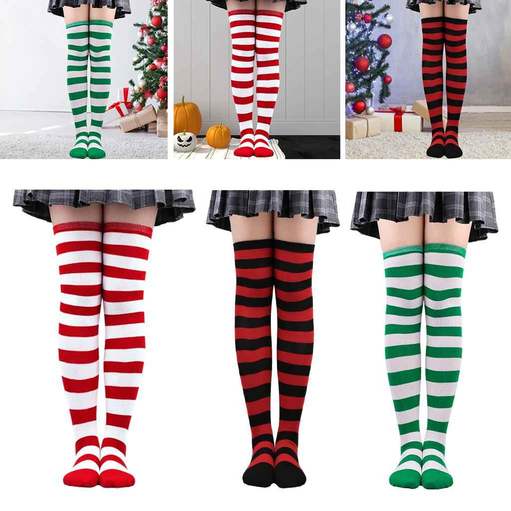 Striped Socks Comfortable Thigh High Socks for Costume Party Green White