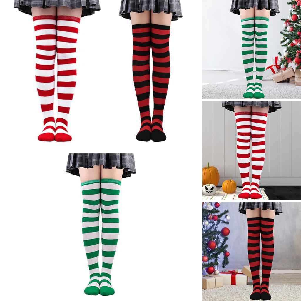 Striped Socks Comfortable Thigh High Socks for Costume Party Green White