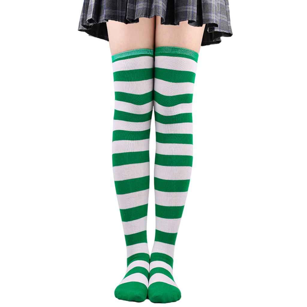 Striped Socks Comfortable Thigh High Socks for Costume Party Green White