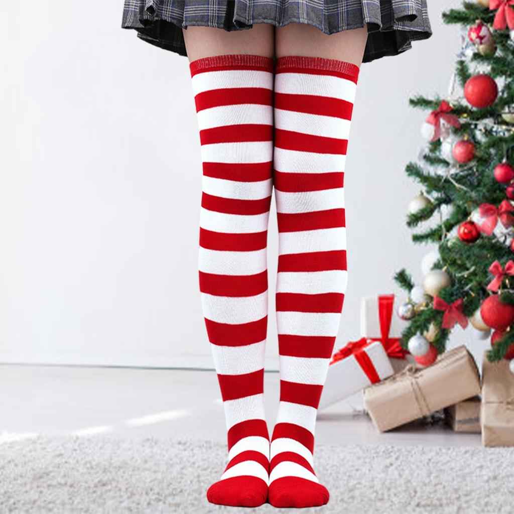 Striped Socks Comfortable Thigh High Socks for Costume Party White Red
