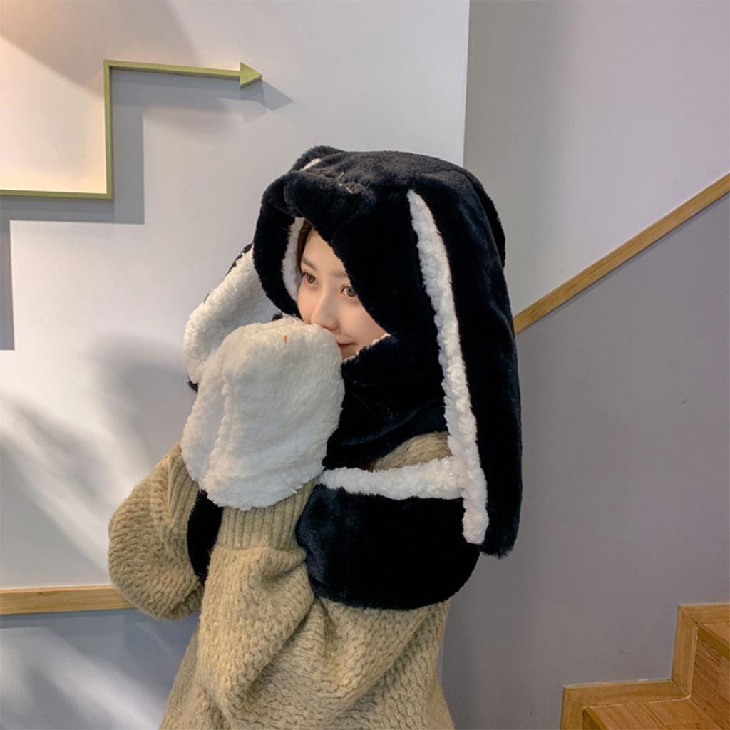 Bunny Hooded Scarfs Hat Scarves and Gloves for Outdoor Women Girl Black