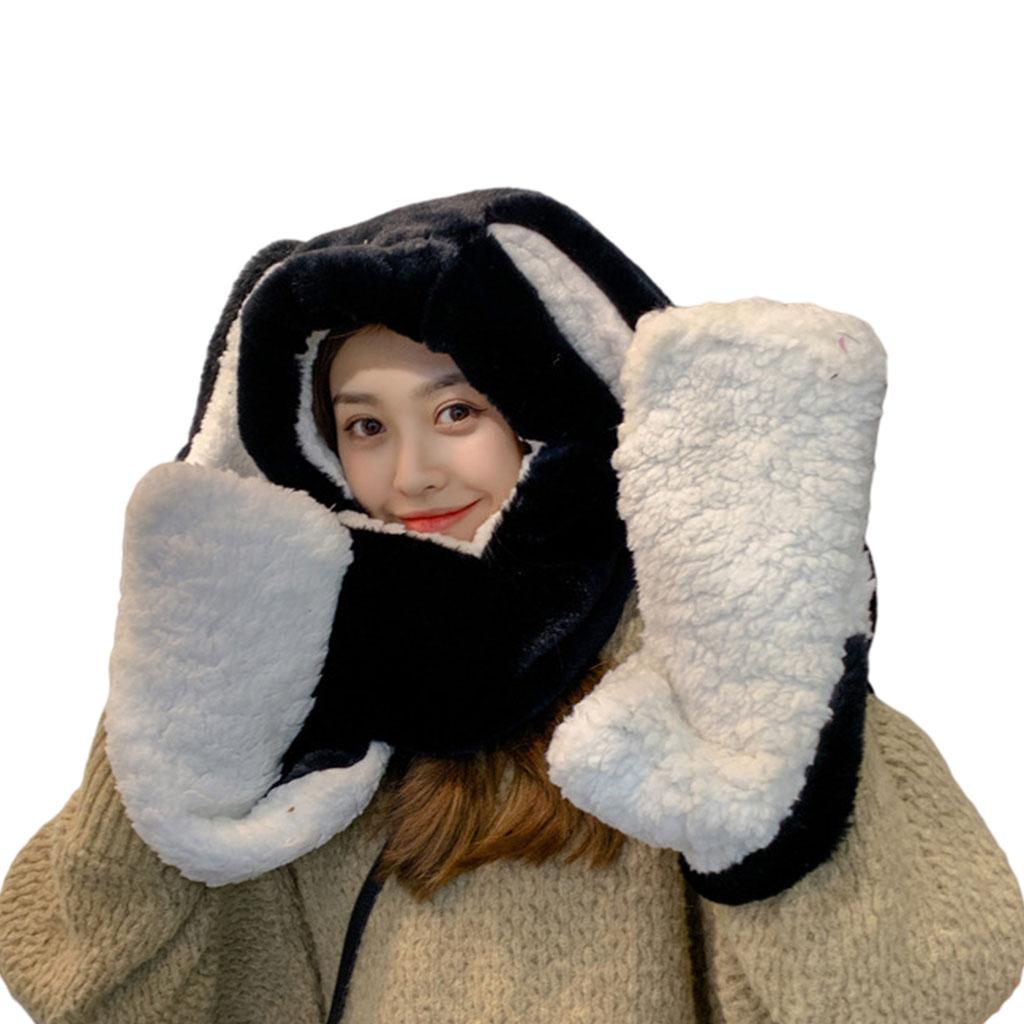 Bunny Hooded Scarfs Hat Scarves and Gloves for Outdoor Women Girl Black