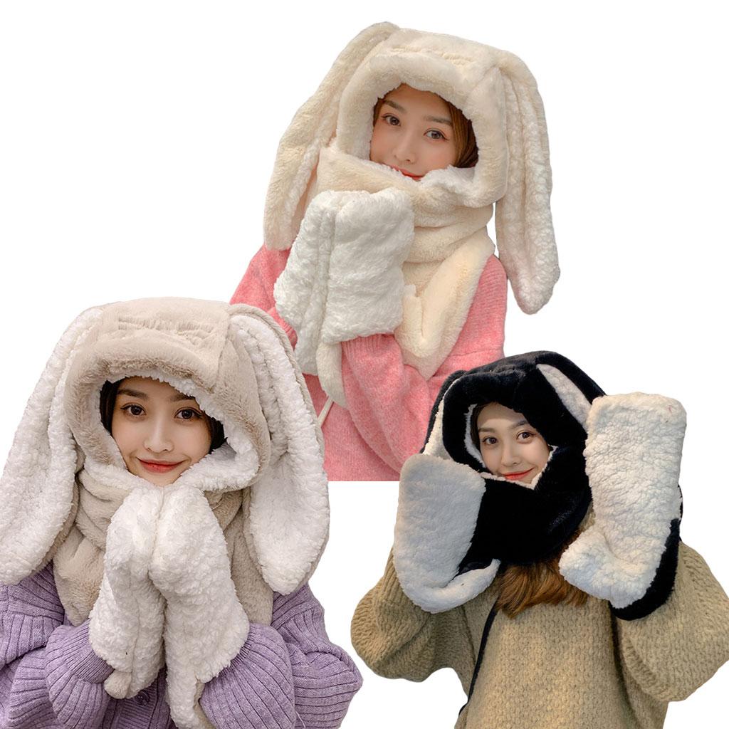 Bunny Hooded Scarfs Hat Scarves and Gloves for Outdoor Women Girl Black