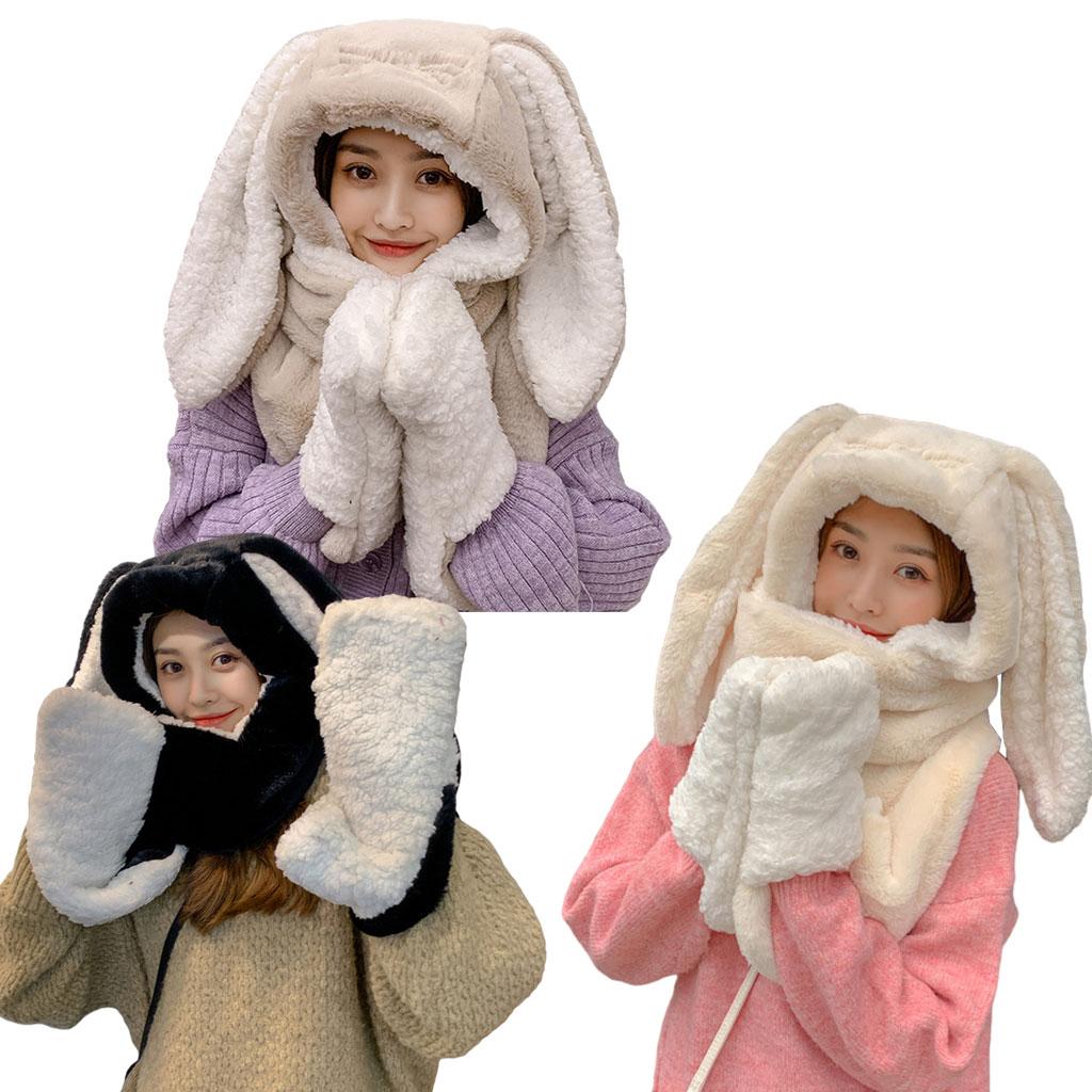 Bunny Hooded Scarfs Hat Scarves and Gloves for Outdoor Women Girl Black