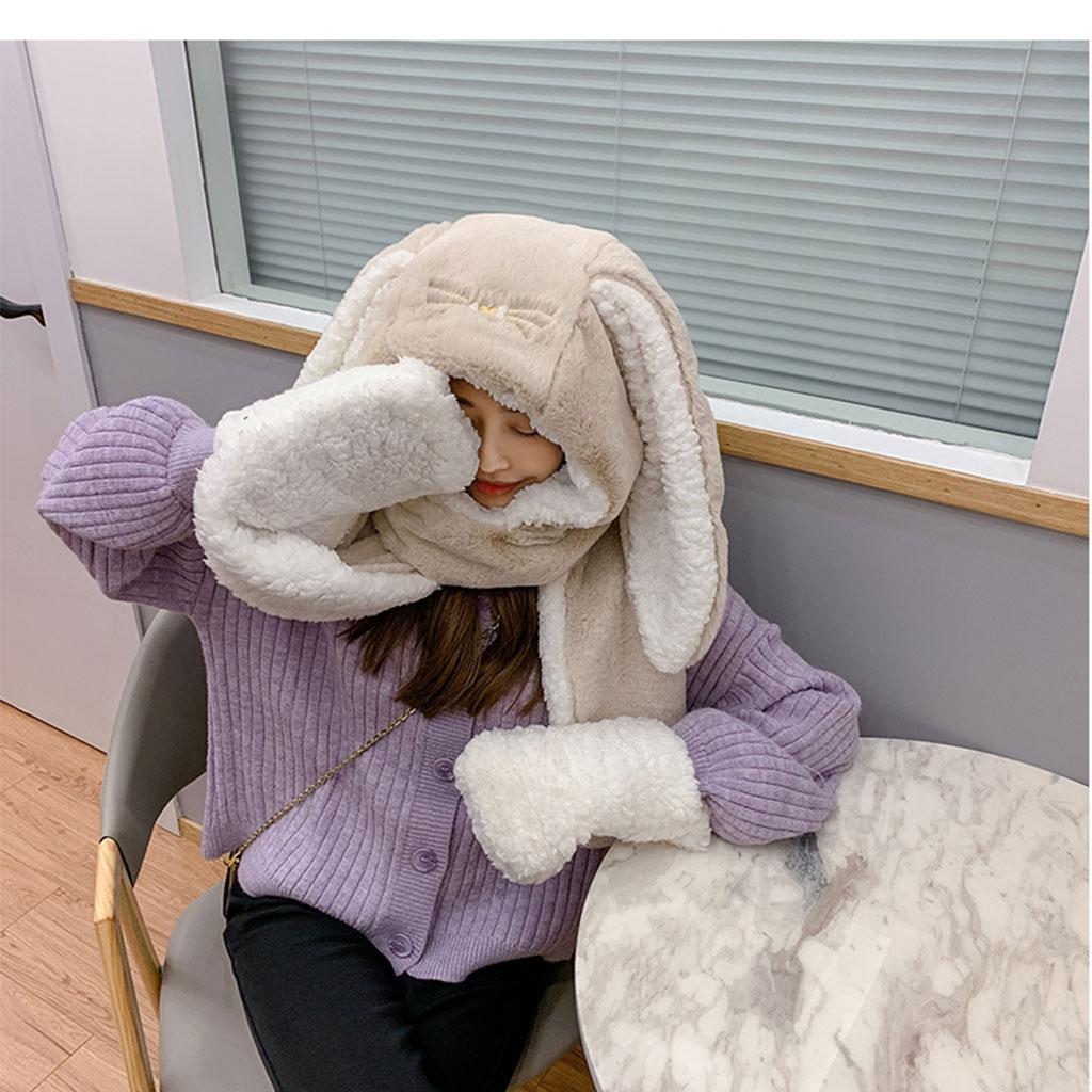 Bunny Hooded Scarfs Hat Scarves and Gloves for Outdoor Women Girl Khaki