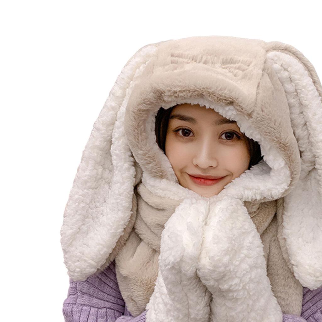 Bunny Hooded Scarfs Hat Scarves and Gloves for Outdoor Women Girl Khaki