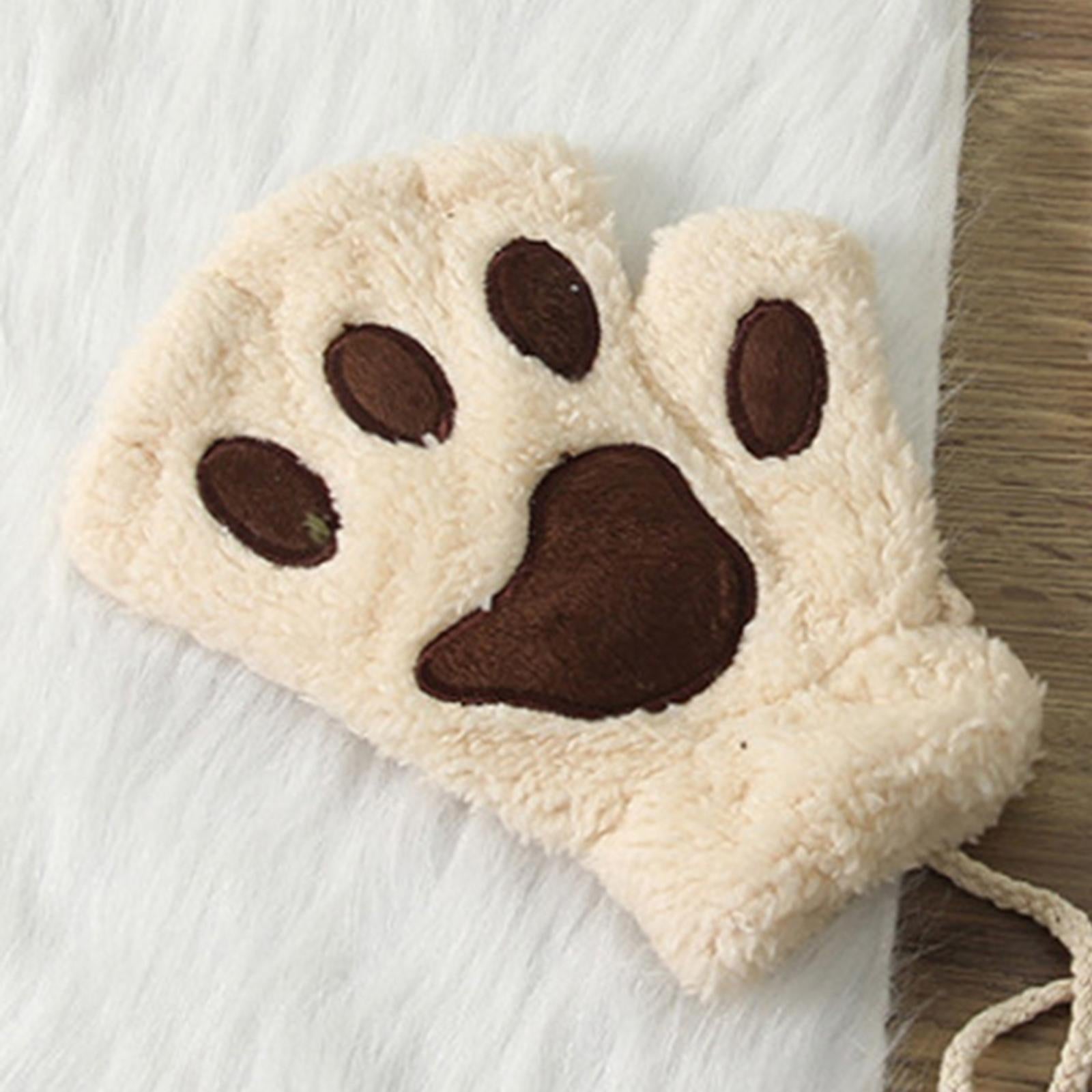 Cat Claw Paw Women Gloves Half Finger Fingerless Winter Soft Warm Mittens Beige