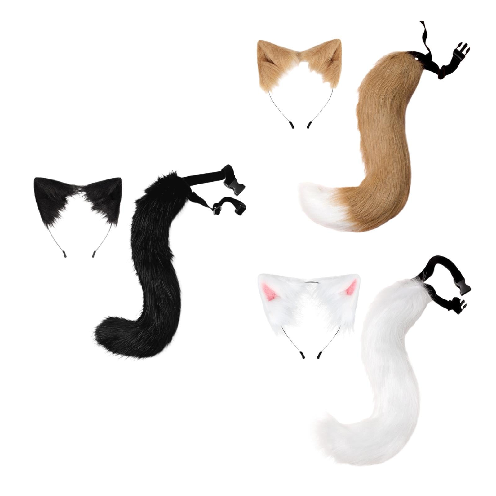 2Pcs Faux Fur Long Tail Gothic Fox Ears Hair Hoop for Cosplay Costume Kits White