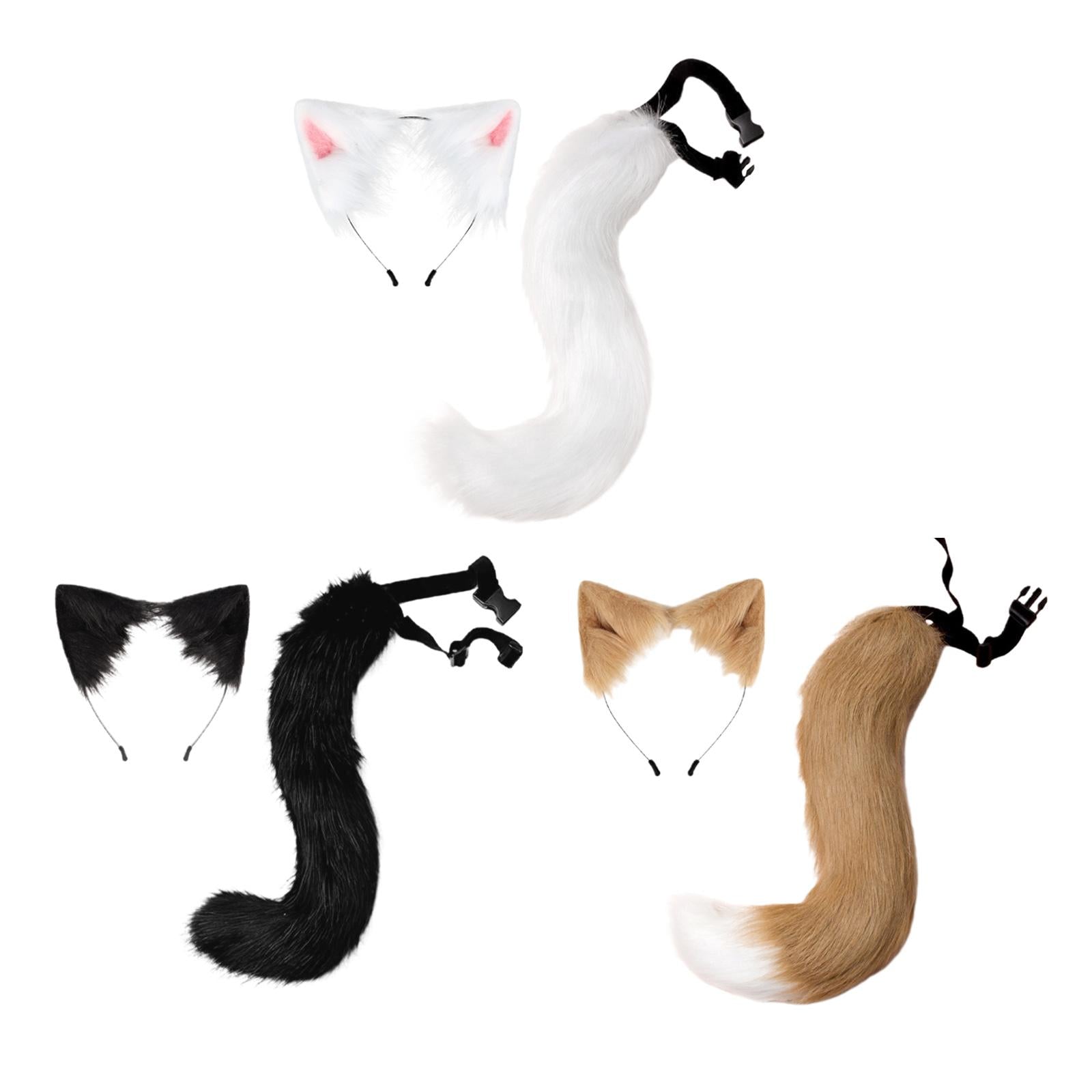 2Pcs Faux Fur Long Tail Gothic Fox Ears Hair Hoop for Cosplay Costume Kits White