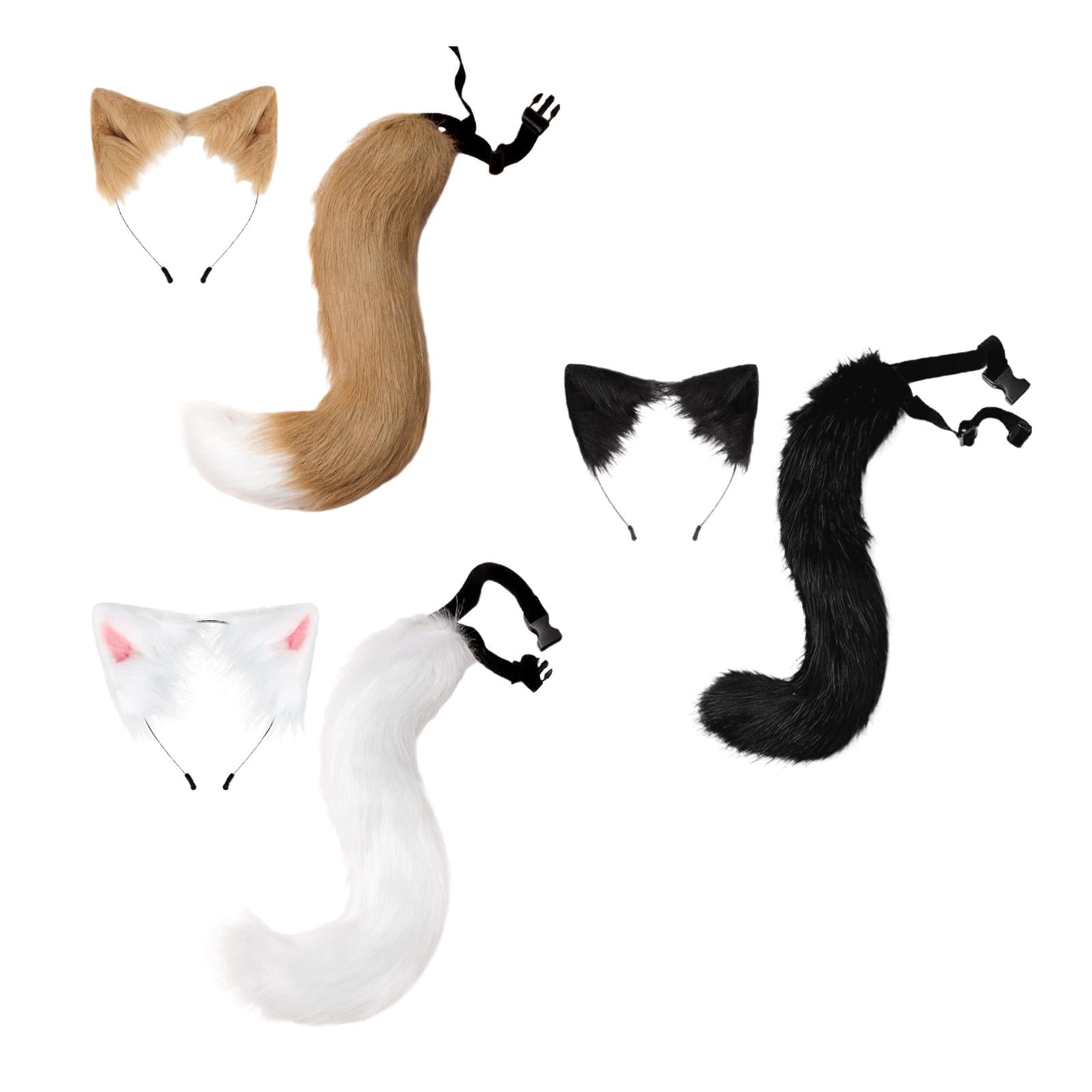 2Pcs Faux Fur Long Tail Gothic Fox Ears Hair Hoop for Cosplay Costume Kits White