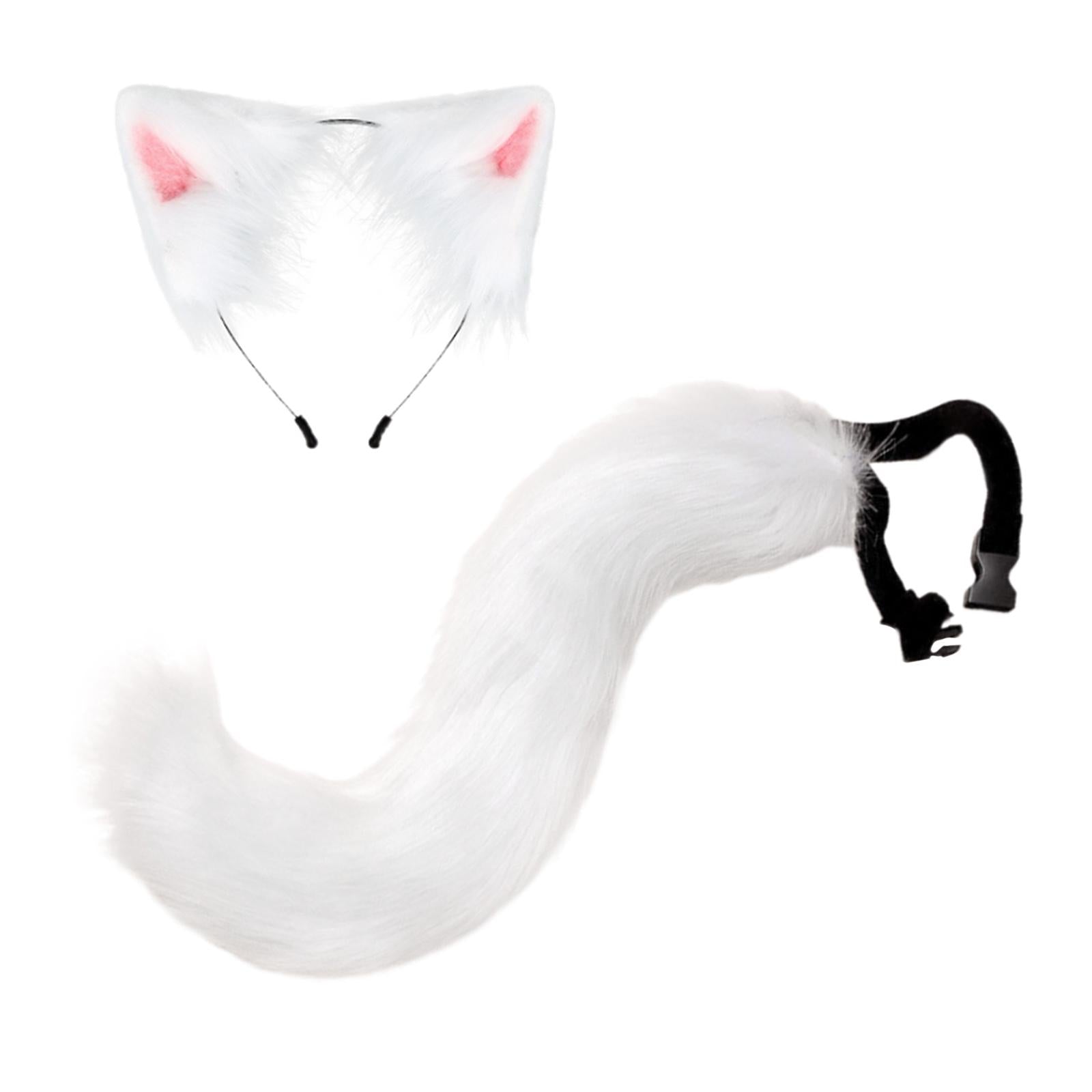 2Pcs Faux Fur Long Tail Gothic Fox Ears Hair Hoop for Cosplay Costume Kits White