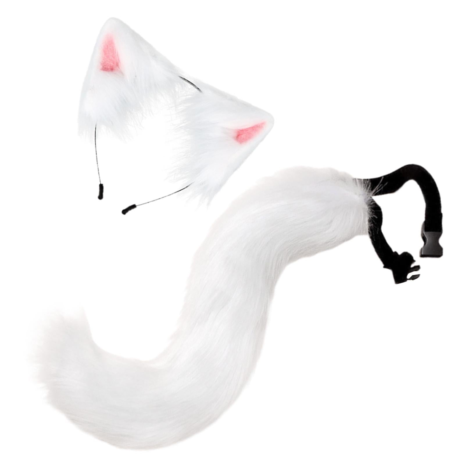 2Pcs Faux Fur Long Tail Gothic Fox Ears Hair Hoop for Cosplay Costume Kits White