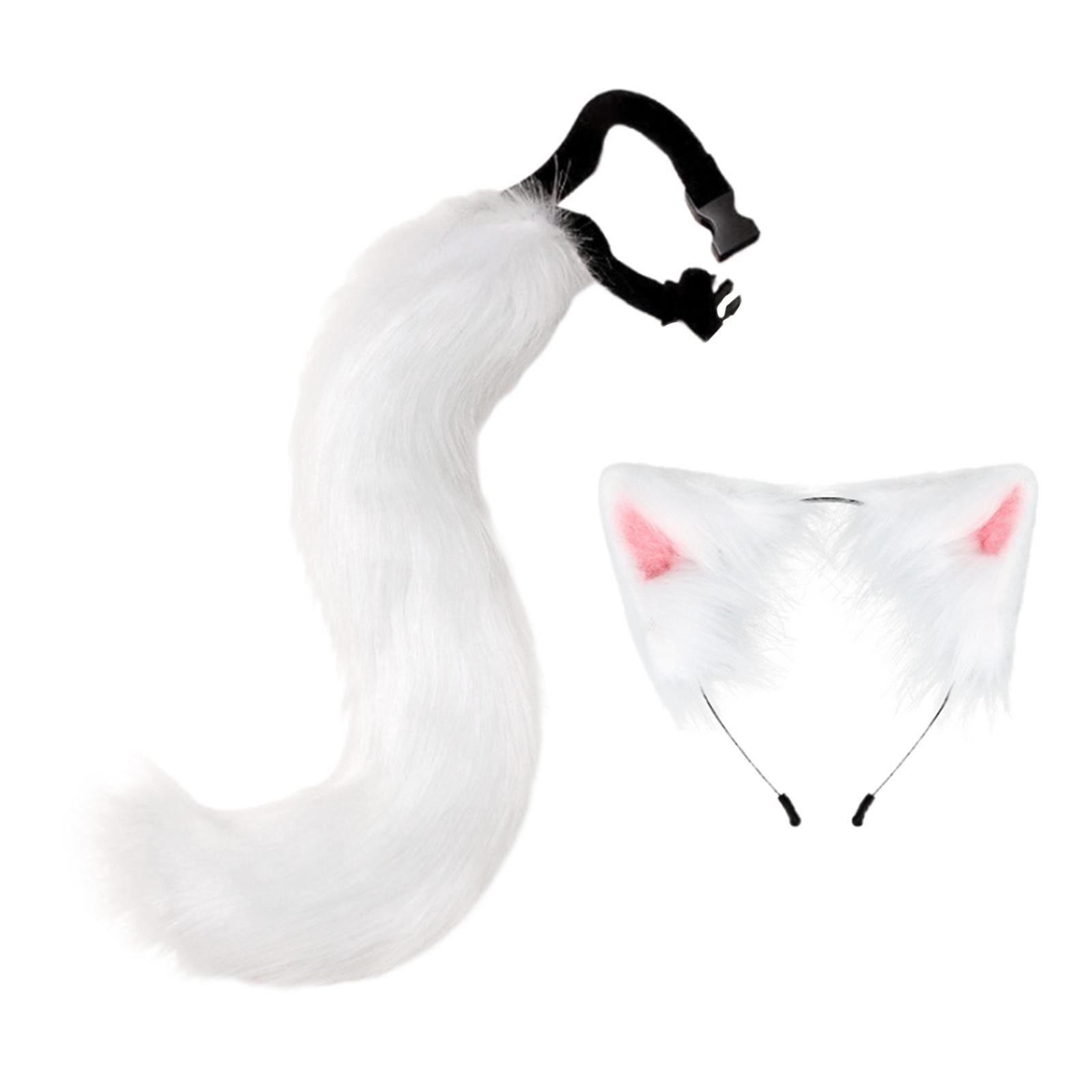 2Pcs Faux Fur Long Tail Gothic Fox Ears Hair Hoop for Cosplay Costume Kits White