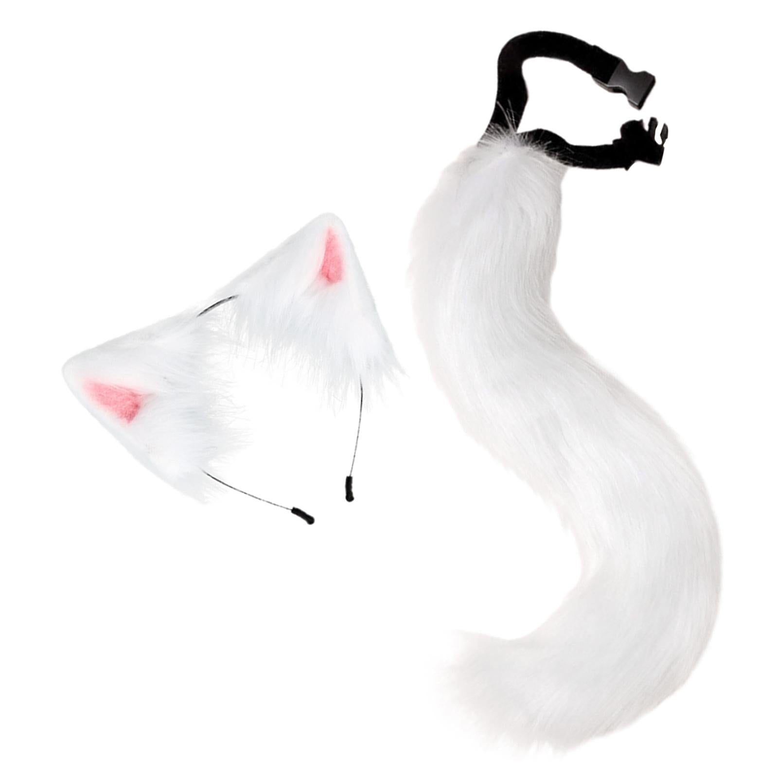 2Pcs Faux Fur Long Tail Gothic Fox Ears Hair Hoop for Cosplay Costume Kits White