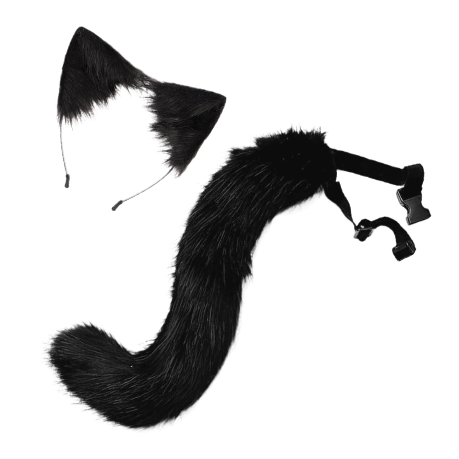 2Pcs Faux Fur Long Tail Gothic Fox Ears Hair Hoop for Cosplay Costume Kits Black