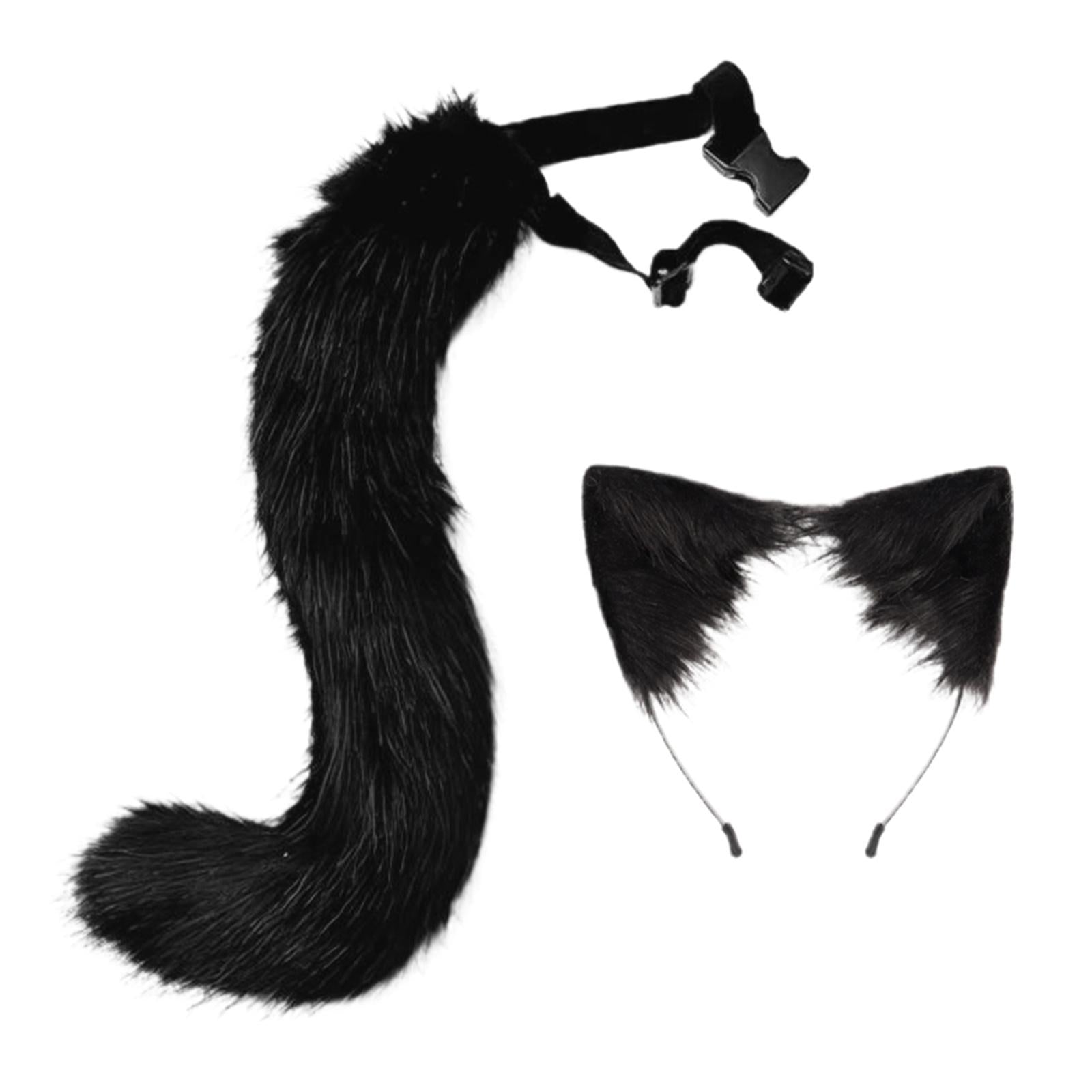 2Pcs Faux Fur Long Tail Gothic Fox Ears Hair Hoop for Cosplay Costume Kits Black