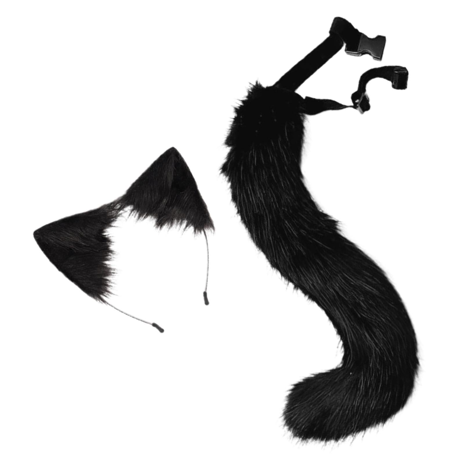 2Pcs Faux Fur Long Tail Gothic Fox Ears Hair Hoop for Cosplay Costume Kits Black