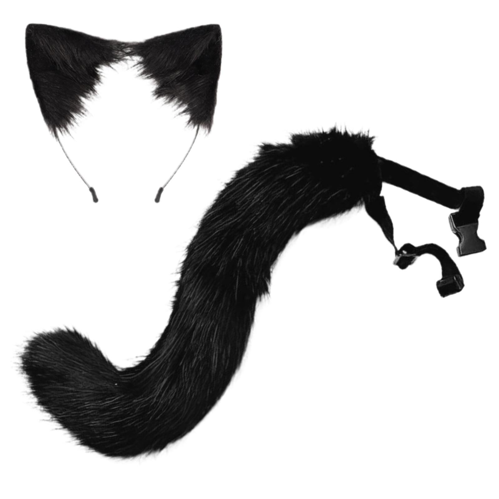 2Pcs Faux Fur Long Tail Gothic Fox Ears Hair Hoop for Cosplay Costume Kits Black