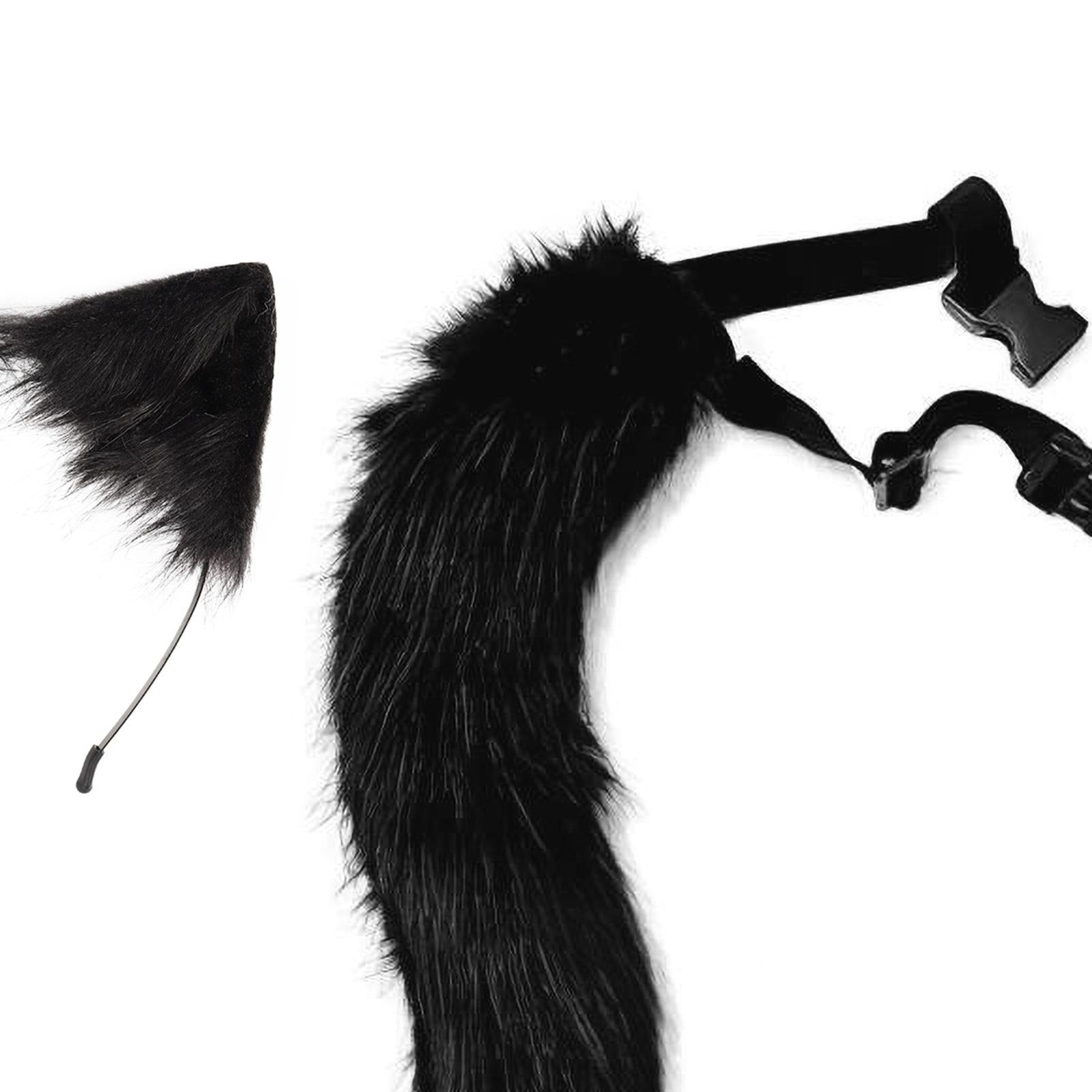 2Pcs Faux Fur Long Tail Gothic Fox Ears Hair Hoop for Cosplay Costume Kits Black