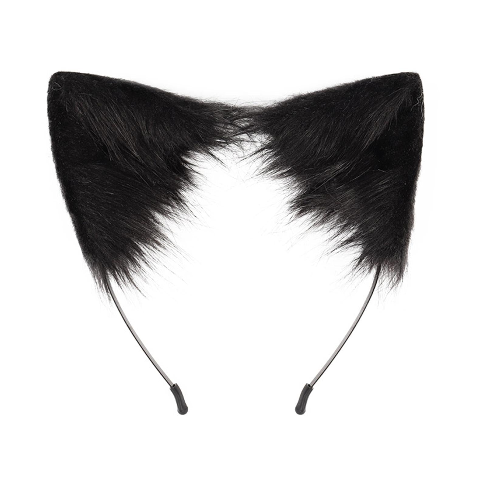 2Pcs Faux Fur Long Tail Gothic Fox Ears Hair Hoop for Cosplay Costume Kits Black