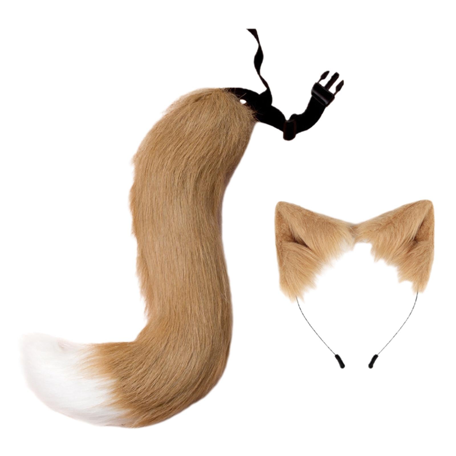 2Pcs Faux Fur Long Tail Gothic Fox Ears Hair Hoop for Cosplay Costume Kits Khaki