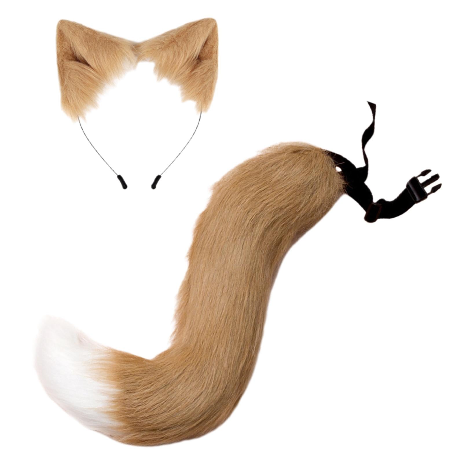 2Pcs Faux Fur Long Tail Gothic Fox Ears Hair Hoop for Cosplay Costume Kits Khaki