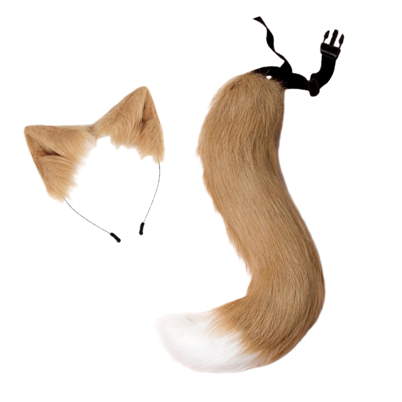 2Pcs Faux Fur Long Tail Gothic Fox Ears Hair Hoop for Cosplay Costume Kits Khaki