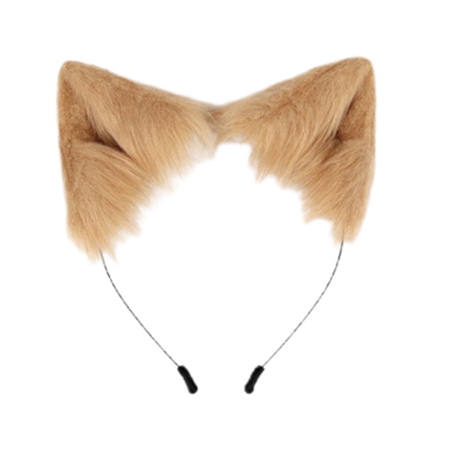 2Pcs Faux Fur Long Tail Gothic Fox Ears Hair Hoop for Cosplay Costume Kits Khaki