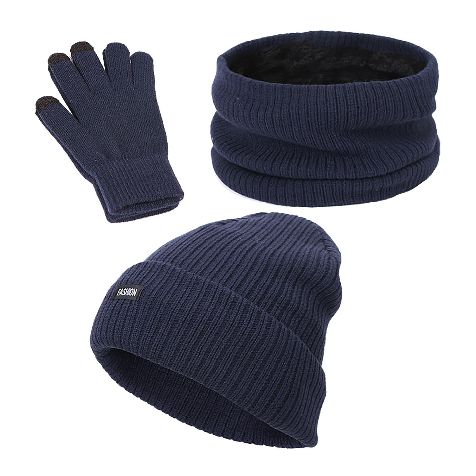 Beanie Hat Scarf Gloves Set Warm Soft Cotton for Ski Cycling Fishing Navy