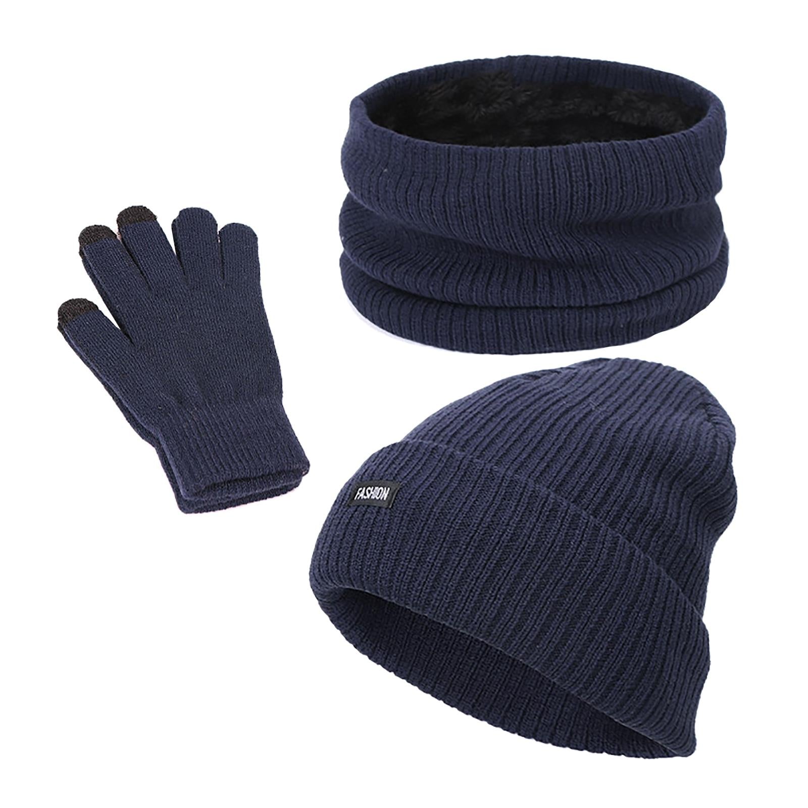 Beanie Hat Scarf Gloves Set Warm Soft Cotton for Ski Cycling Fishing Navy
