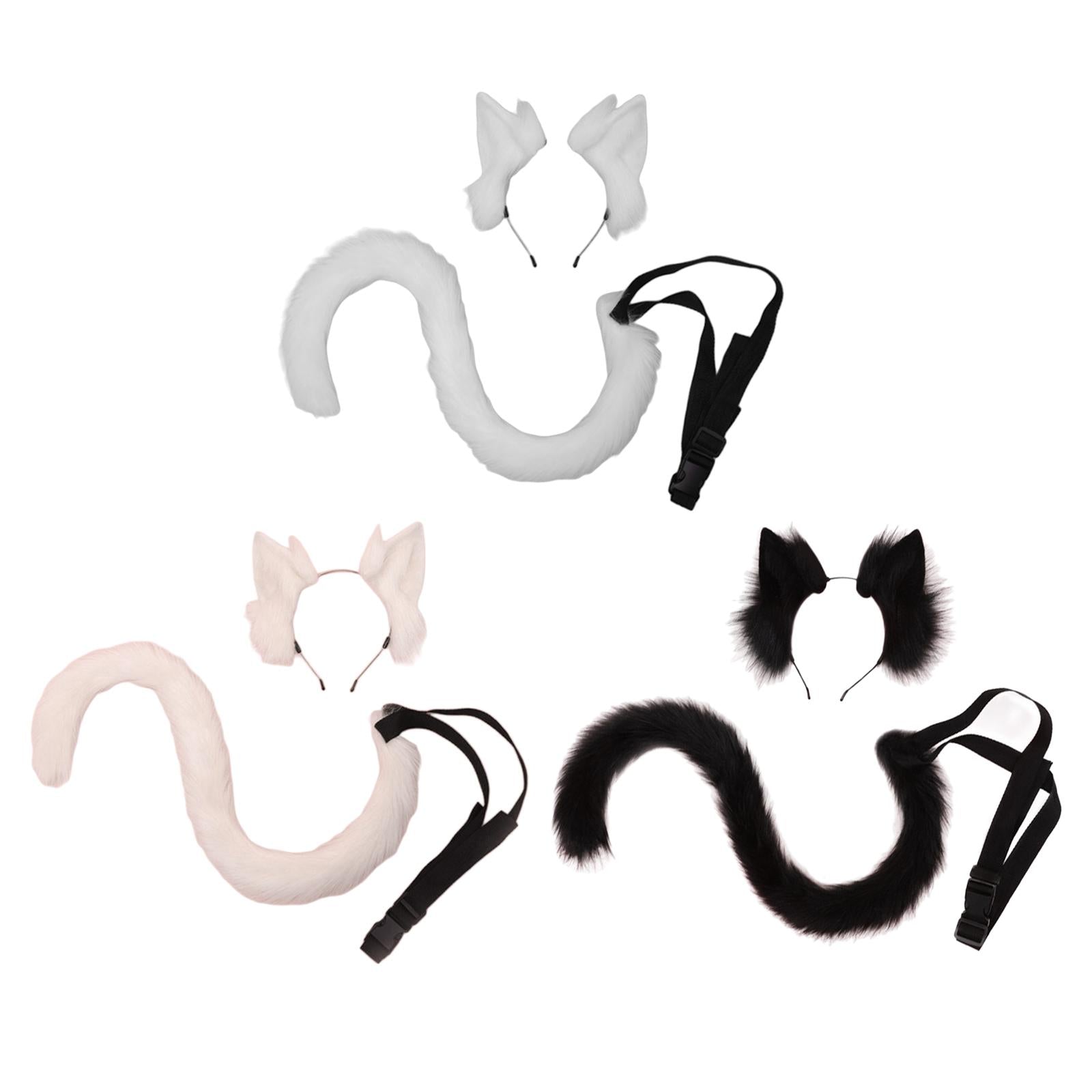 2Pcs Cat Ears and Tail Set Faux Fur Long Tail for Anime Cosplay Costume Kits White