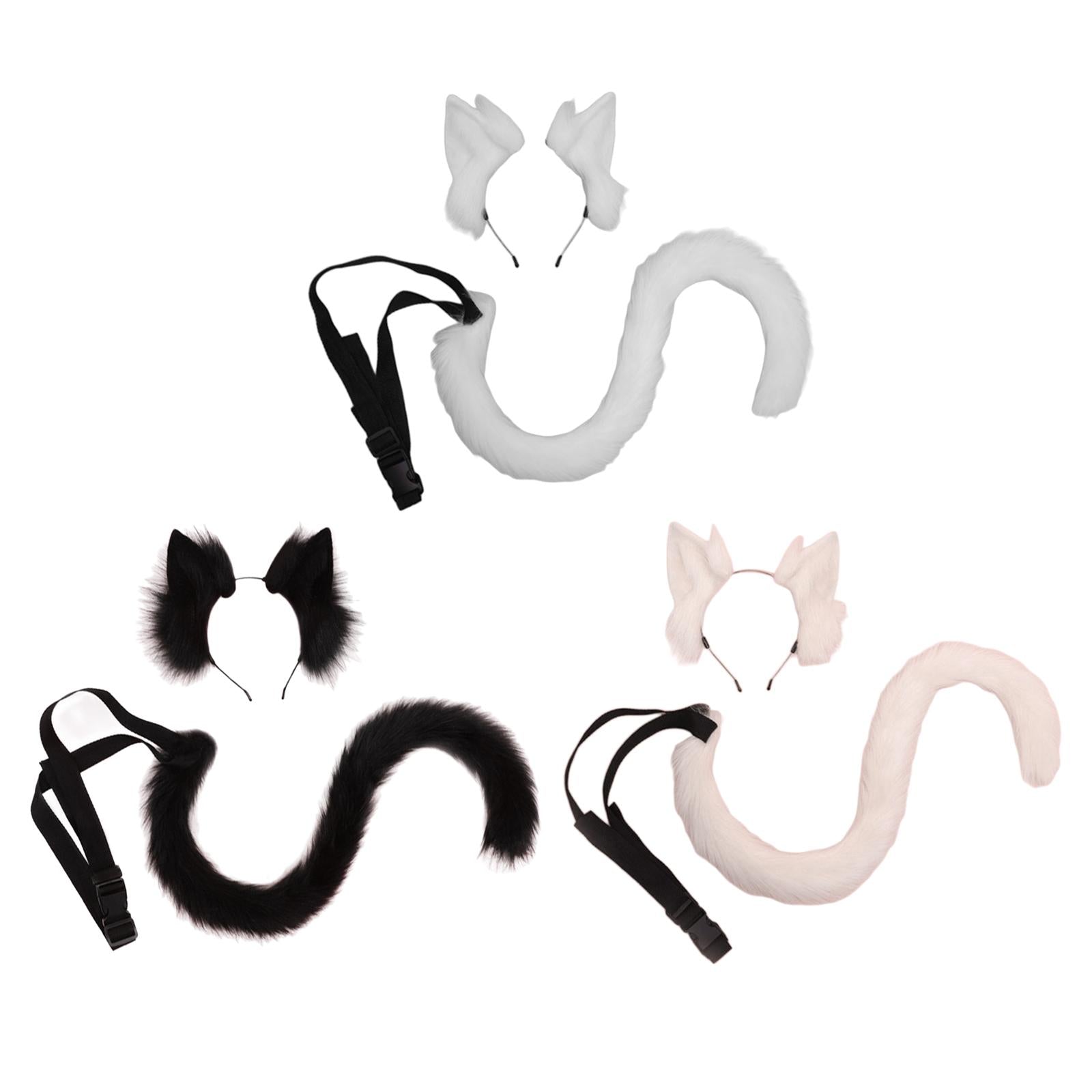 2Pcs Cat Ears and Tail Set Faux Fur Long Tail for Anime Cosplay Costume Kits White