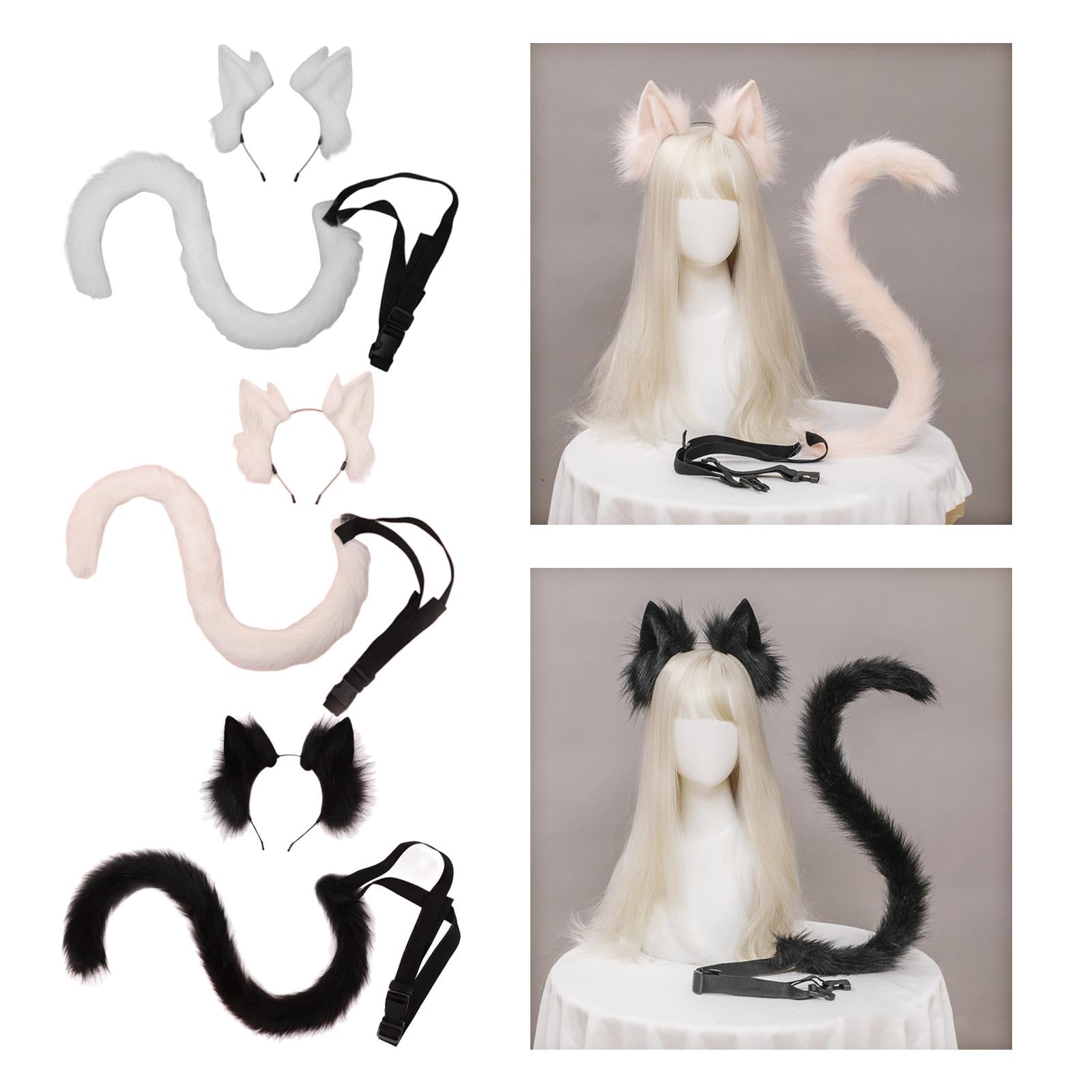 2Pcs Cat Ears and Tail Set Faux Fur Long Tail for Anime Cosplay Costume Kits White