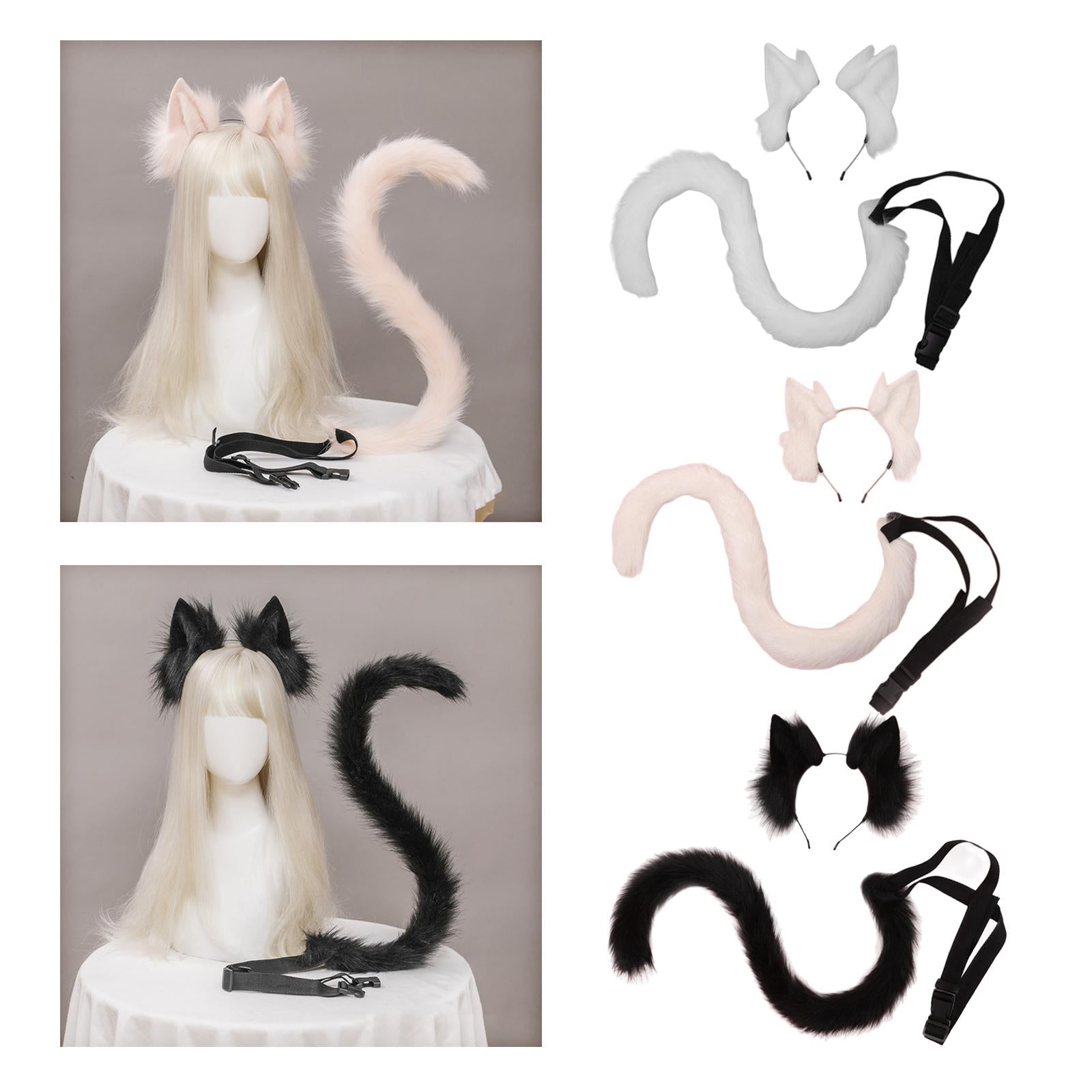 2Pcs Cat Ears and Tail Set Faux Fur Long Tail for Anime Cosplay Costume Kits White