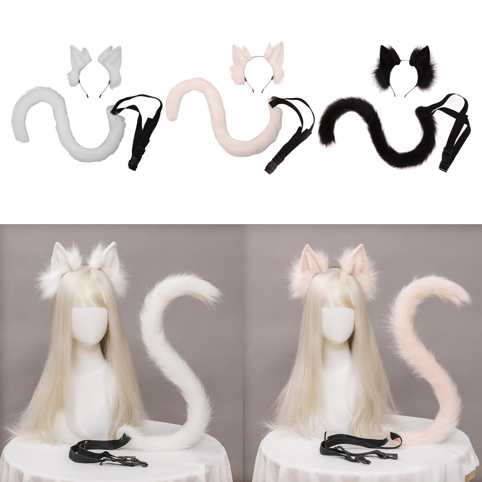 2Pcs Cat Ears and Tail Set Faux Fur Long Tail for Anime Cosplay Costume Kits White