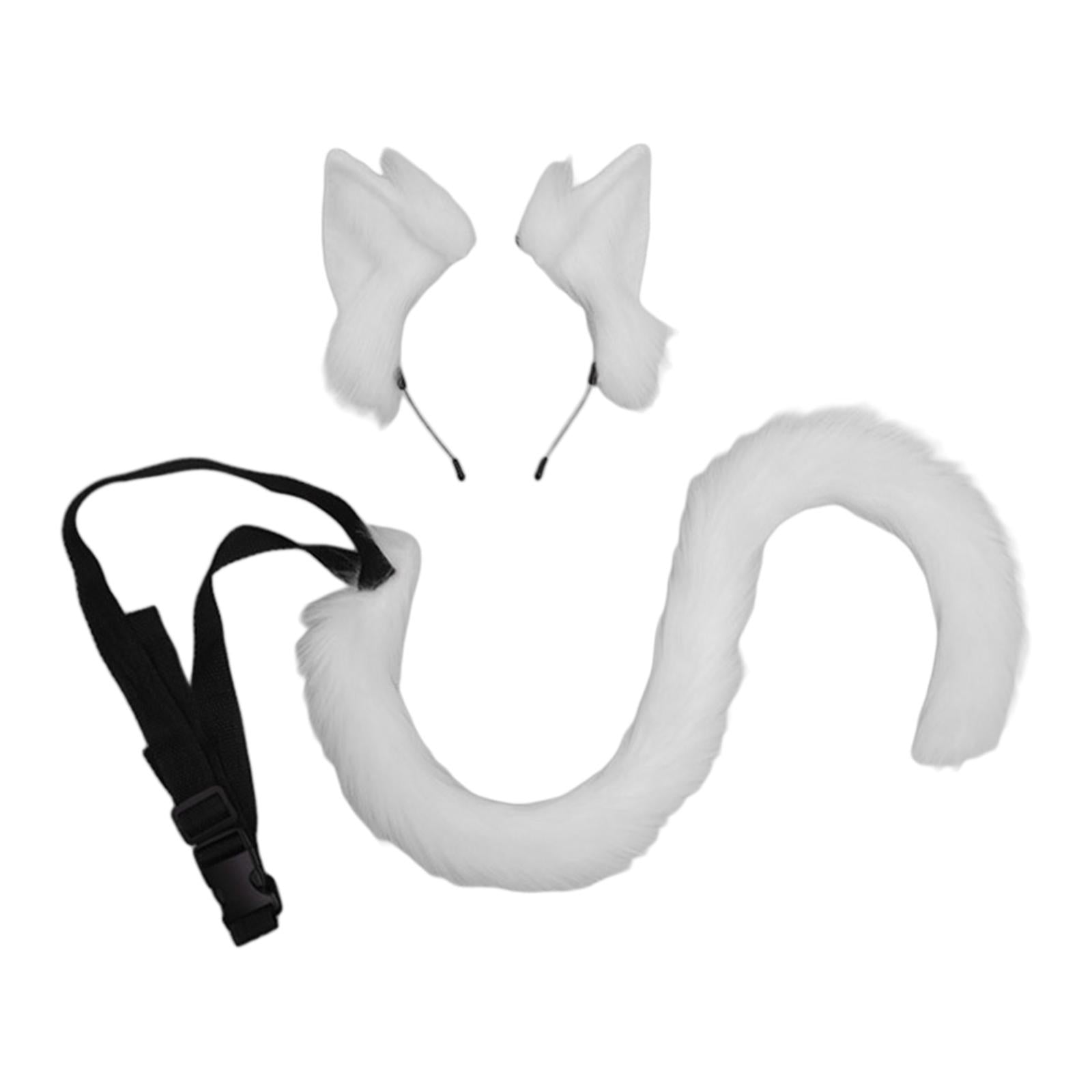 2Pcs Cat Ears and Tail Set Faux Fur Long Tail for Anime Cosplay Costume Kits White