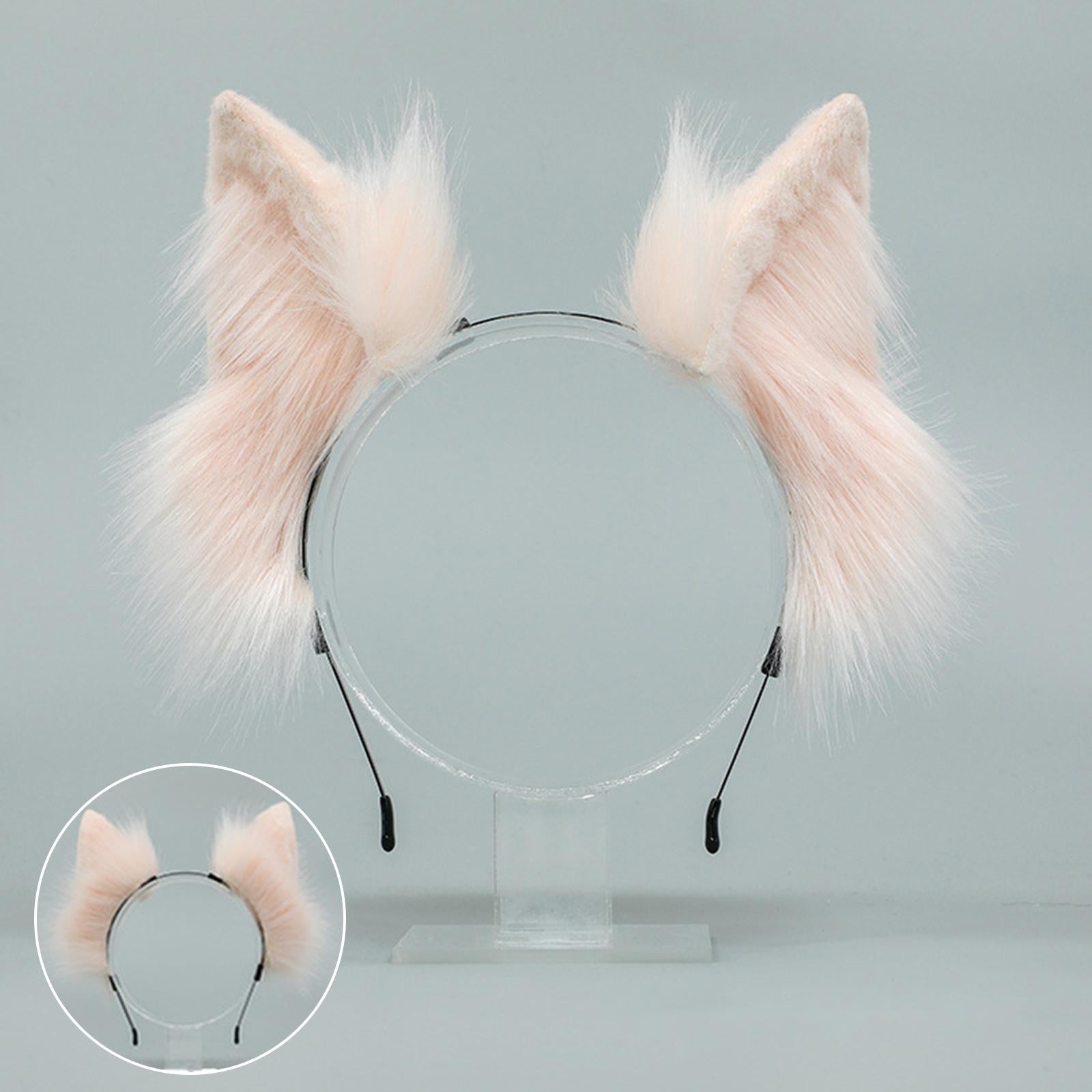 2Pcs Cat Ears and Tail Set Faux Fur Long Tail for Anime Cosplay Costume Kits Pink