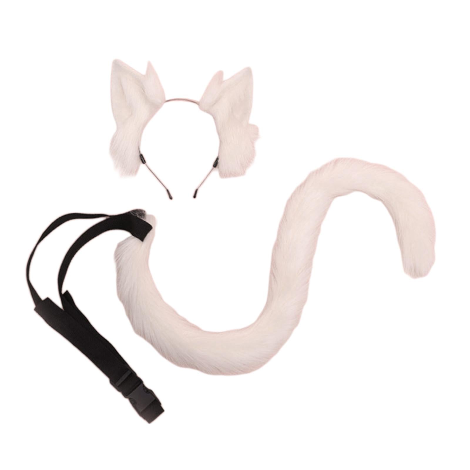 2Pcs Cat Ears and Tail Set Faux Fur Long Tail for Anime Cosplay Costume Kits Pink