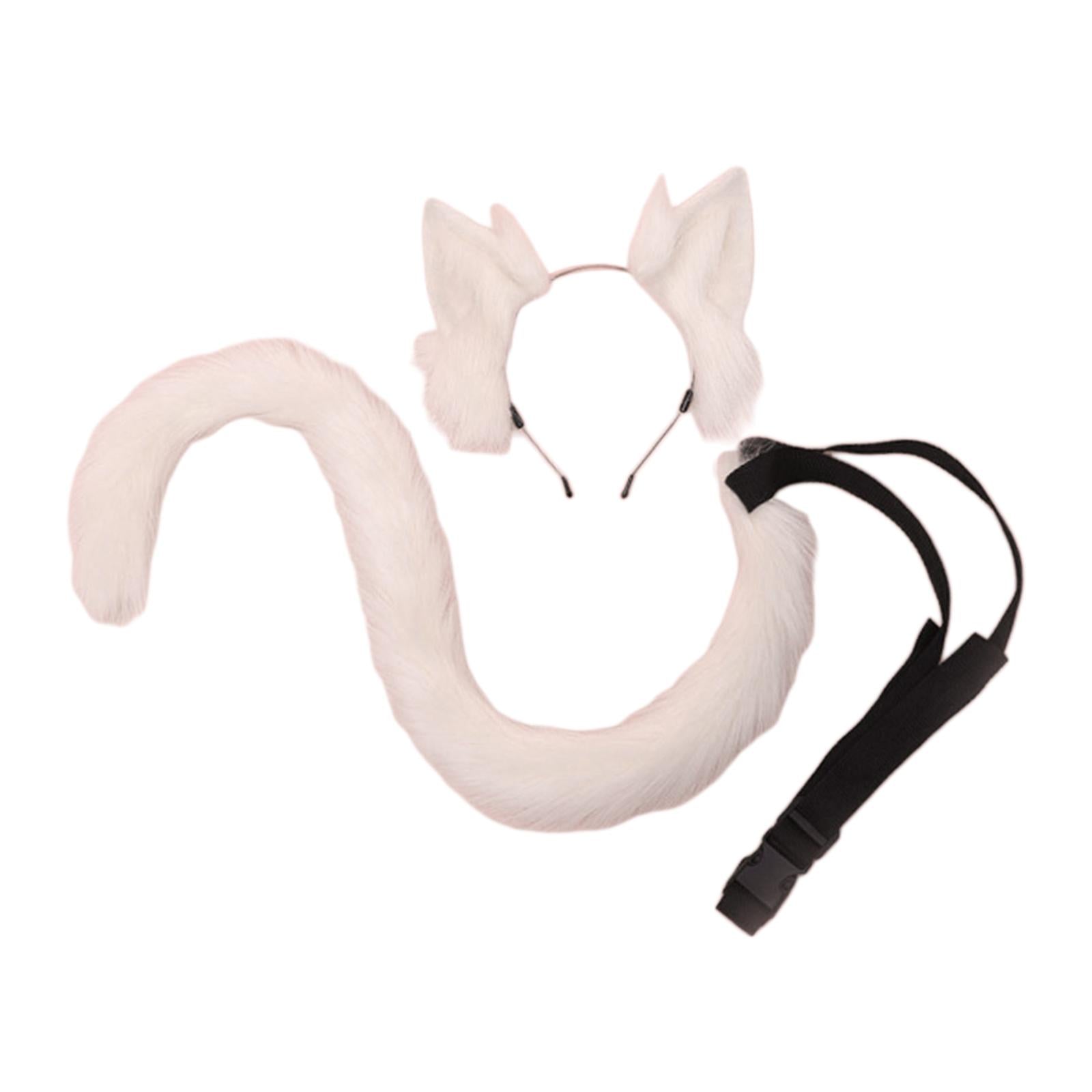 2Pcs Cat Ears and Tail Set Faux Fur Long Tail for Anime Cosplay Costume Kits Pink